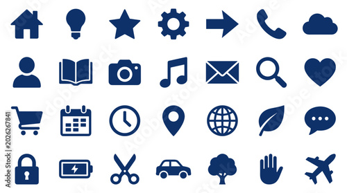 Bilde på lerret Collection of modern flat design icons in deep blue for web and mobile applicati