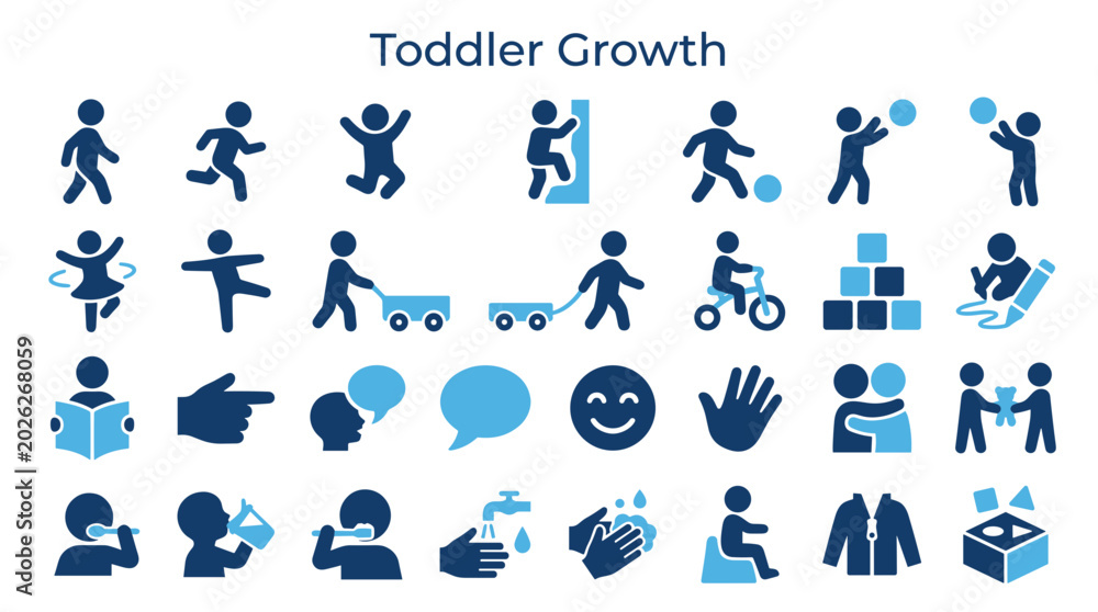 Fototapeta premium Toddler Growth Milestones Icons Set Showing Development Stages Childhood Activities Learning and Daily Routines Blue and White Color Scheme