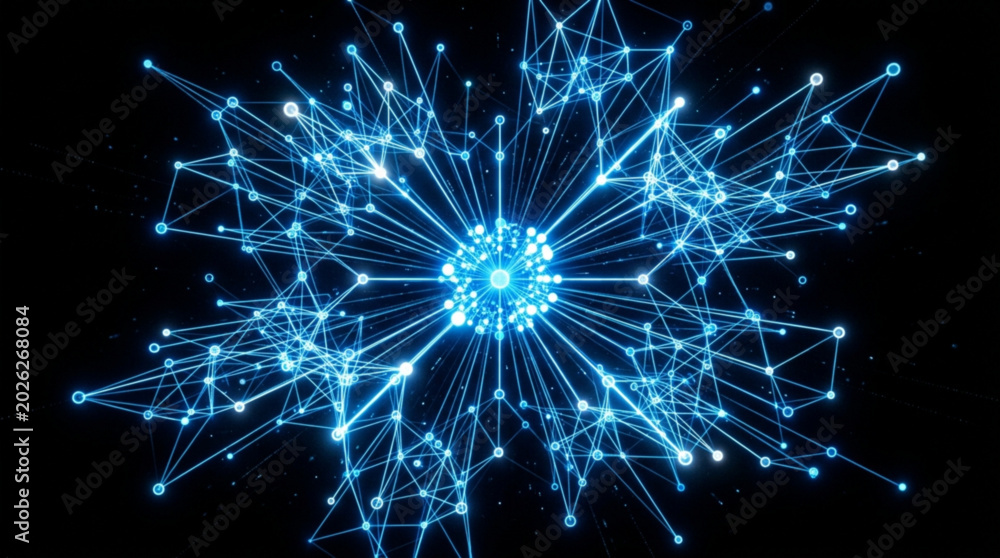 Foto Glowing blue neural network node graph expanding on black background wit