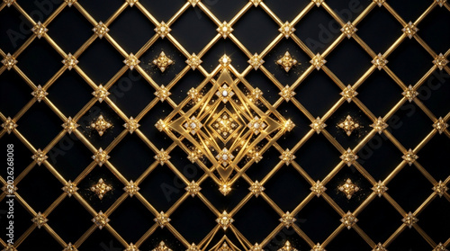 Tableau sur toile Luxurious gold lattice pattern with diamond shapes and sparkling gemston