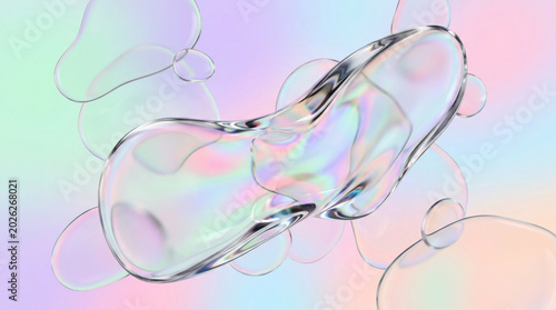 Iridescent liquid blobs float on pastel background abstract graphic desi