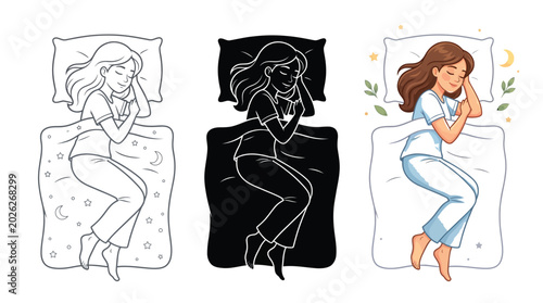 Young woman sleeping peacefully in her comfortable bed shown in a detailed line art drawing a solid black silhouette and a vibrant colorful cartoon style image
