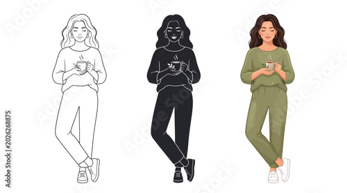 A beautiful woman holding a warm steaming cup of tea in this detailed illustration showing three different artistic styles for professional design and creative projects