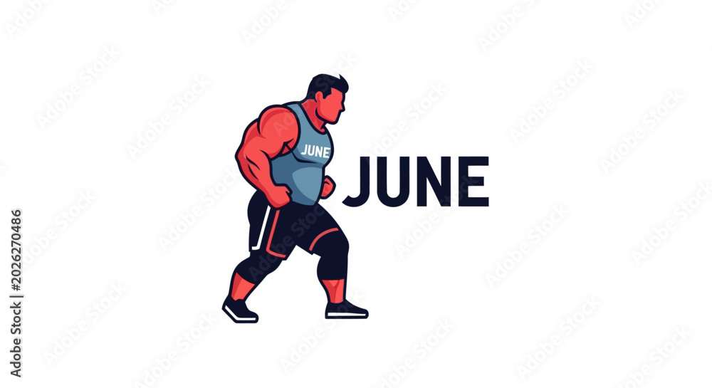 Fototapeta premium Bodybuilder walking next to June calendar month text