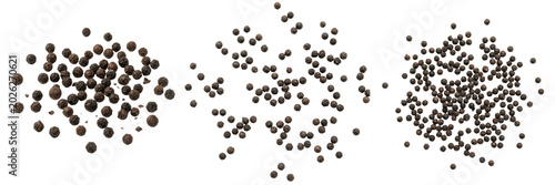 Photos Set and collection of large heap of whole black peppercorns isolated on white ba