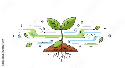Photos Green plant growing from brown soil.
