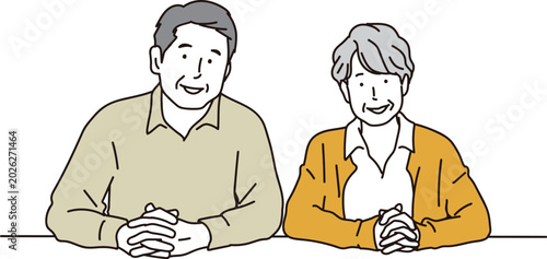 笑顔で肩を並べるシニア夫婦のイラスト素材