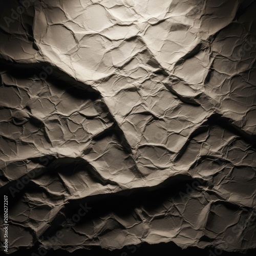 Crumbled parchment paper displaying deep tectonic creases and dramatic lighting in a macro top-down view for artisan brand identity