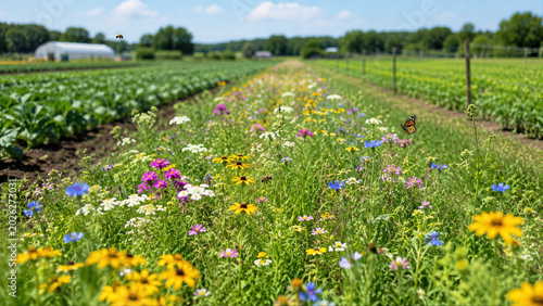 Wide pollinator strip with bright wildflowers and bees running through a commercial sustainable organic farm