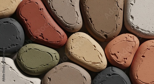 Ceramic stone arrangement in a tactile top-down composition with soft shadow and matte texture for sustainable skincare brand identity