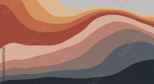 Terracotta and slate paper layers forming wavy topographic silhouettes in a minimalist studio setting for modern home decor branding