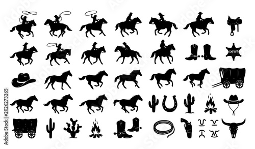 Fotografía Wild West and American Frontier Silhouette Icon Set Featuring Cowboy Horse Rider