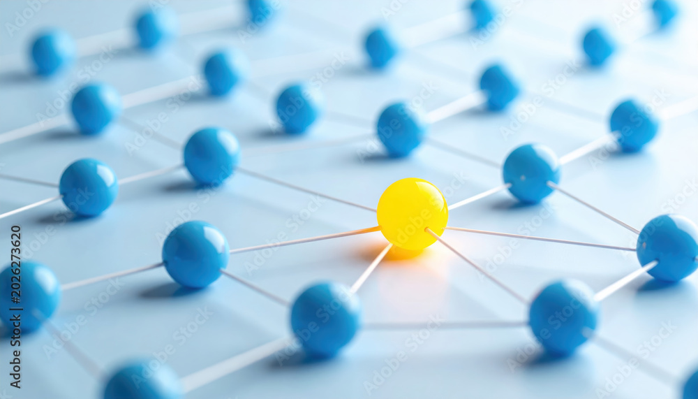 Obraz premium Ethical ai development network connection node Central yellow node linked to blue node network abstract design for ethical ai development
