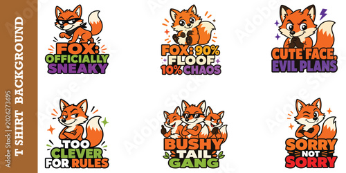 Fotografija Cartoon fox sticker set with funny quotes officially sneaky floof chaos and evil plans art