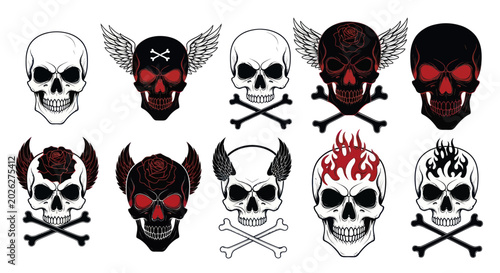 Konstfotografi Gothic Skulls Collection: Wings, Roses, Flames, Devil Horns