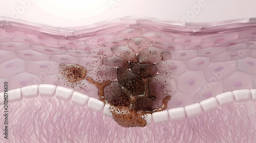 Melanin pigment cluster forms deep within epidermal tissue.Corrects dark spots to promote radiant even tone. 3D rendering.