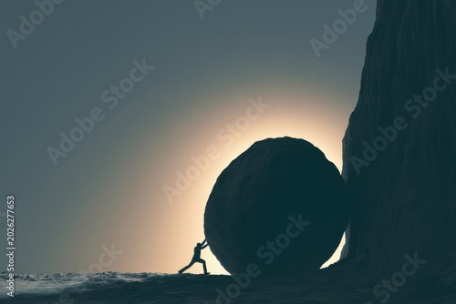 Sisyphean Struggle: A solitary figure, silhouetted against a dramatic sunrise, pushes a colossal boulder uphill, embodying the timeless human struggle against seemingly insurmountable challenges.