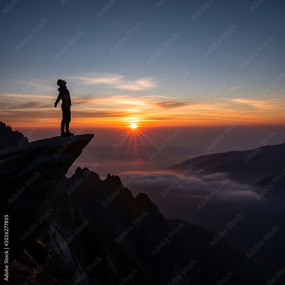 Fototapeta premium A lone figure stands on a dramatic mountain cliff edge, silhouetted against a vibrant sunrise over a misty valley.
