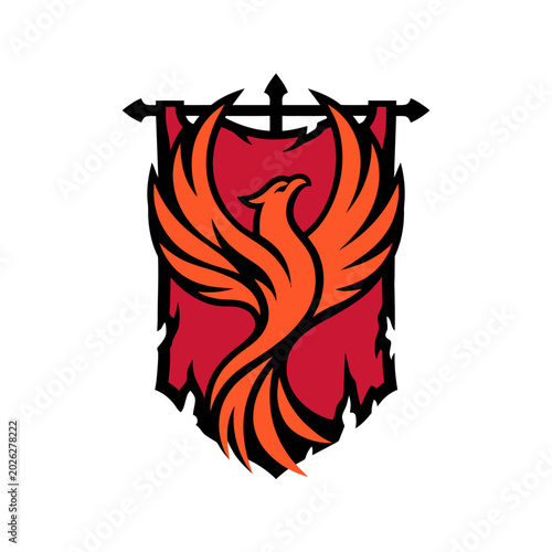 A stylized orange and red phoenix bird emblem on a distressed red banner, symbolizing rebirth and strength.