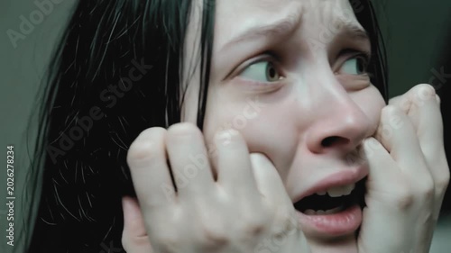 Woman crying watching sudden breathtaking traumatic scene with shocked unbelievable expression