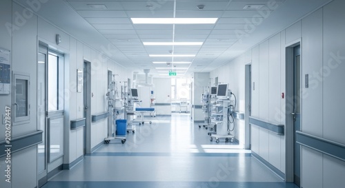 Hospital Hallway with Medical Equipment and Bright Lighting.