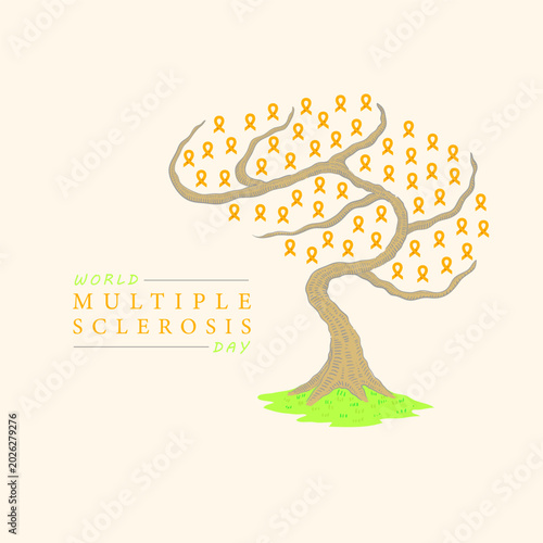 World Multiple Sclerosis Day Poster Template with Brain Tree and Orange Awareness Ribbons Vector Illustration.  Creative Brain Tree Concept Poster Design for Annual Global Multiple Sclerosis Disease