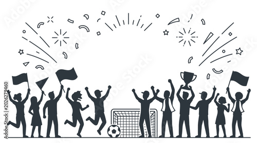 Canvastavla Crowd of cheering football fans celebrating a victory with a trophy and goal post