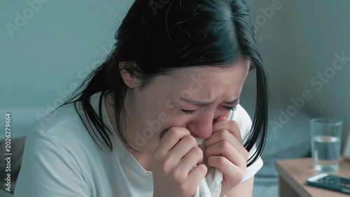 Woman crying watching sudden breathtaking traumatic scene with shocked unbelievable expression