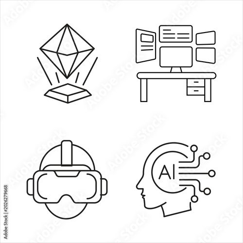 Linear icon set of digital innovation including artificial intelligence, VR goggles, hologram and desktop.
