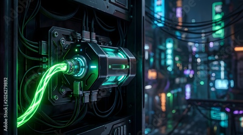 Futuristic glowing green energy core connected to a server in a city