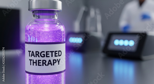 Targeted therapy vial glowing purple in laboratory setting with blurred scientific equipment biotechnology medicine biohacking innovation healing