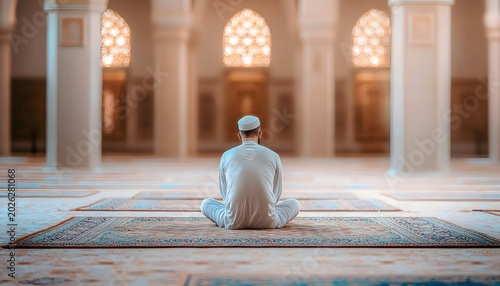 Muslim praying on carpet.