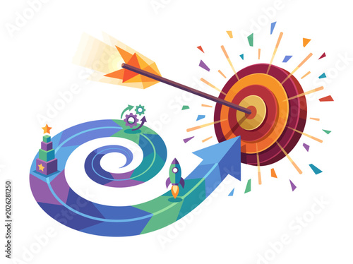 Tableau sur toile This illustrated graphic emphasizes a dynamic pathway leading to a target, symbolizing the journey toward achieving goals and the importance of strategic planning in personal growth