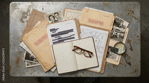 Vintage espionage documents, mysterious and top secret