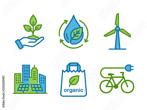 Billede på lærred This image features various eco-friendly symbols including plants, water, renewable energy, and organic products, highlighting sustainability principles and a greener future