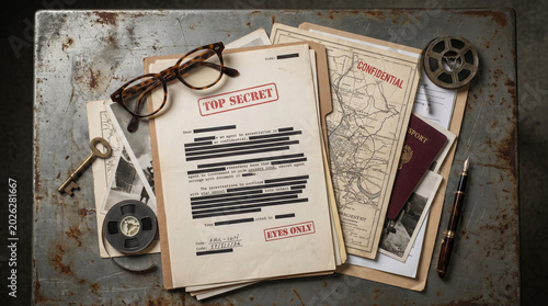 Vintage espionage documents, mysterious and top secret