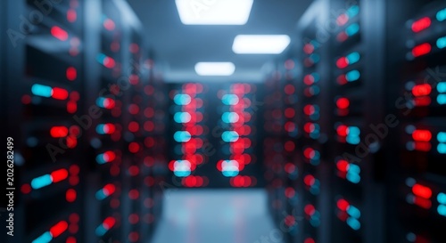 Abstract blurred server room with red and blue lights in a data center, showcasing network activity and digital information flow.