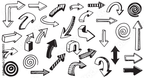 Hand drawn arrow set for paint brush design, grunge texture, business plan, presentation, education, graphic design elements
