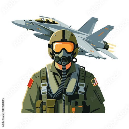Military fighter pilot in full gear vector illustration with supersonic jet airplane flying in the background.