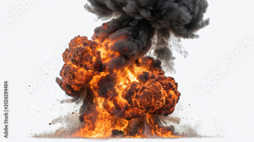 Massive fiery explosion with dark smoke plumes on white isolated background