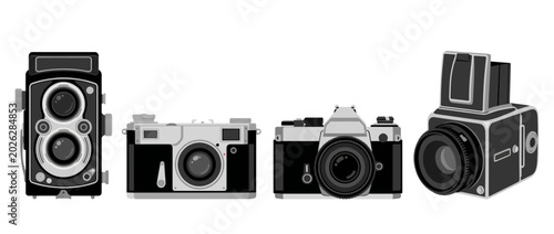 Konstfotografi This image features a collection of vintage cameras, each representing different eras of photography, showcasing the evolution of the art and passion for capturing memories