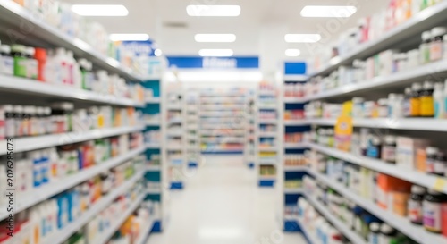 Blurred view of pharmacy aisles with shelves stocked with various products and medications, bright overhead lighting, clean and organized retail environment, shallow depth of field.