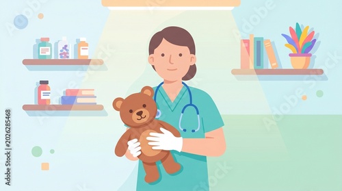 Pediatric Nurse Holding Teddy Bear in Child Friendly Clinic Illustration