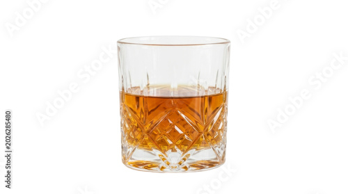 Crystal whiskey glass with golden alcohol on a transparent background PNG image