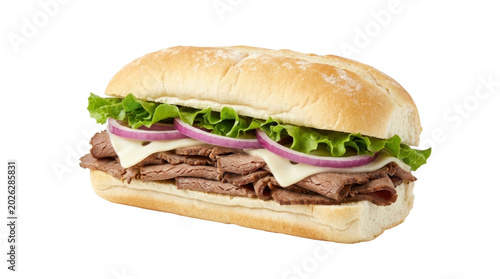 Roast beef sub sandwich with cheese lettuce and red onion on a transparent background PNG image