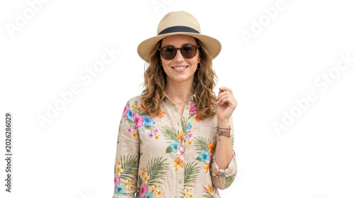 Smiling woman wearing straw hat and sunglasses on a transparent background PNG file