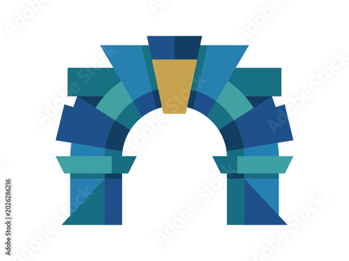 Foto This abstract image features a beautifully stylized arch design, showcasing blue and gold tones that convey elegance, strength, and a sense of grandeur in architecture