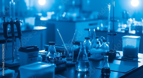 Laboratory equipment including pipettes, beakers, flasks, and test tubes arranged on a dark table in a blue-toned research environment with blurred background lights.