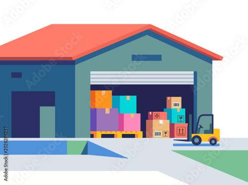 Tableau sur toile A vibrant illustration of a warehouse setting with stacked packages and a forklift, symbolizing logistics, storage, and the functionality of commercial spaces