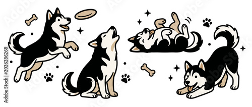 Valokuva A lively illustration featuring adorable huskies engaged in playful activities like jumping for a frisbee and having fun